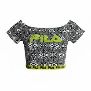 Fila Black/Neon Green Psychedelic Print  Off-Shoulder Crop Top M Y2K Sporty